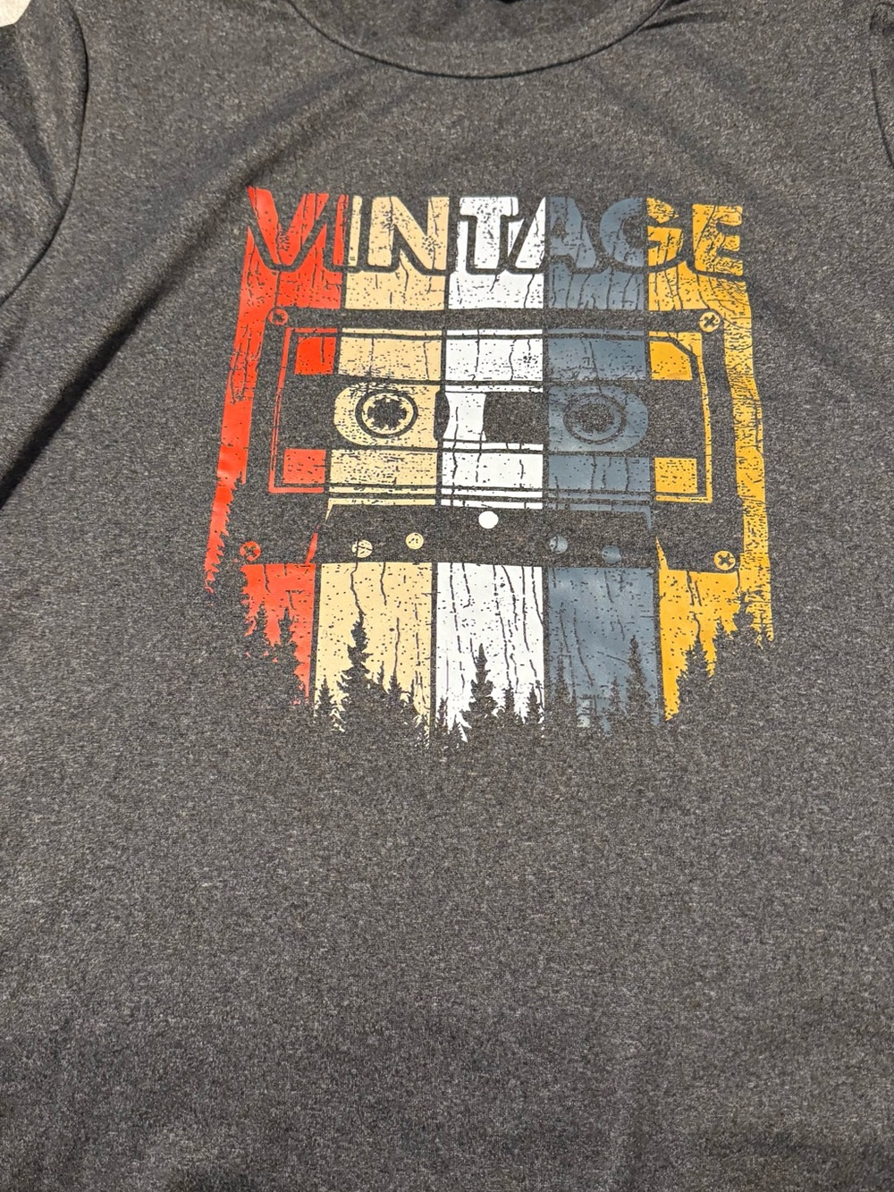 SHEIN Charcoal Retro Cassette Graphic Tee with Red, Cream, Blue & Yellow